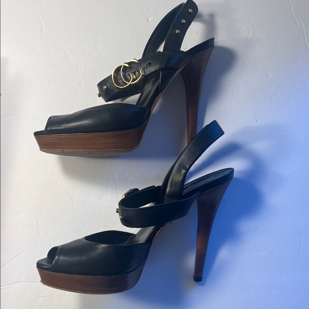 GUCCI GG Running Black Leather Platform Heels wood platform stacked heel sz 39.5 - Picture 6 of 16